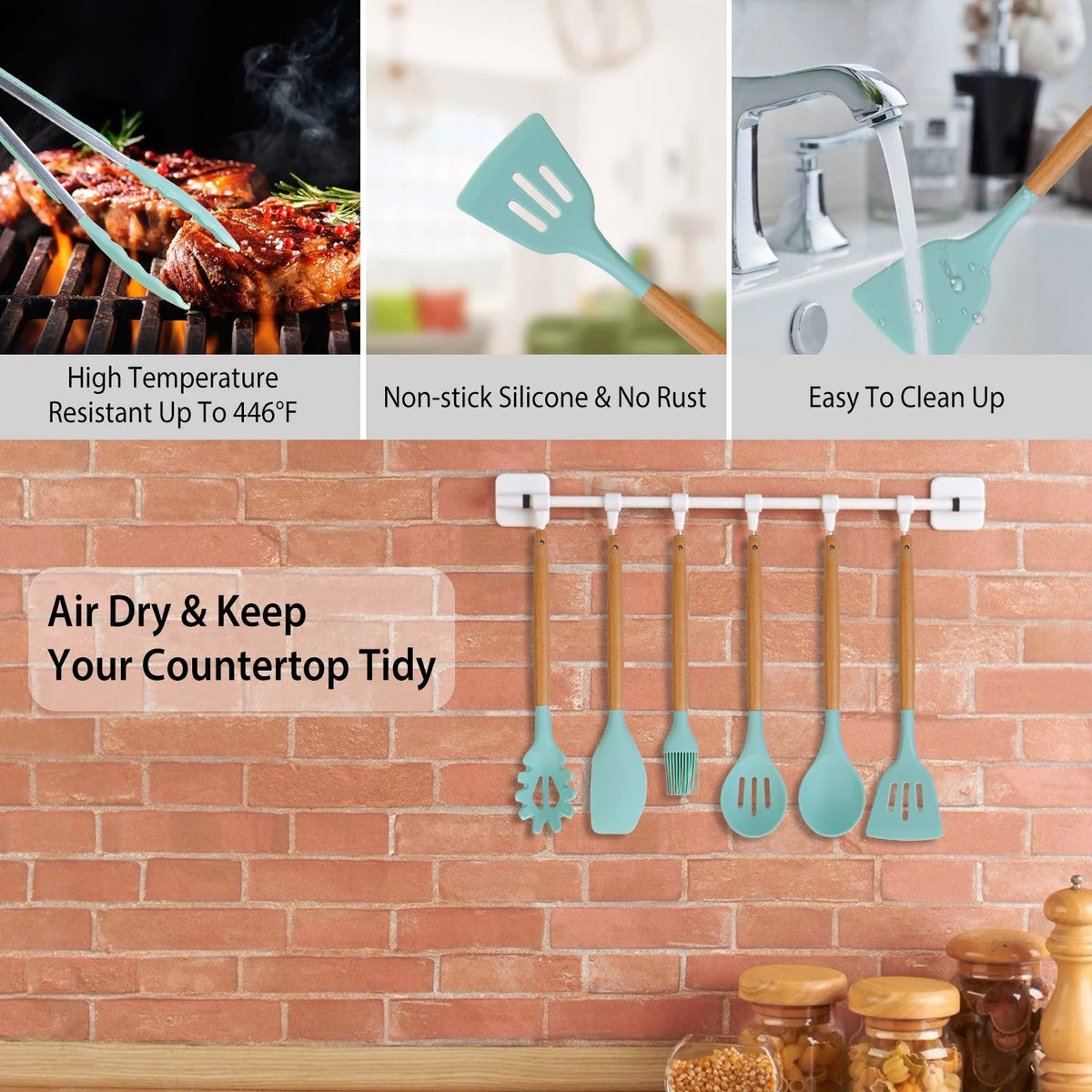 11-Piece Silicone Cooking Utensil Set with Wooden Handles, Green A5851