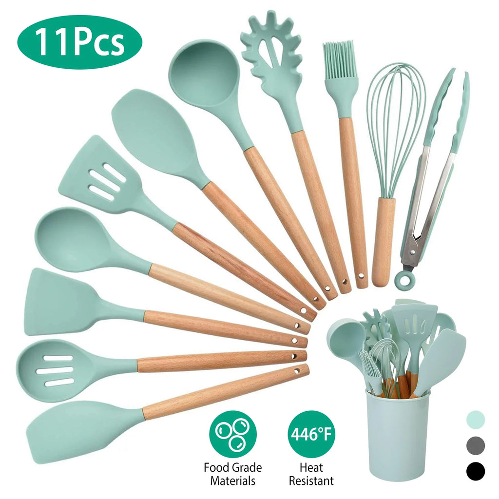 11-Piece Silicone Cooking Utensil Set with Wooden Handles, Green A5851