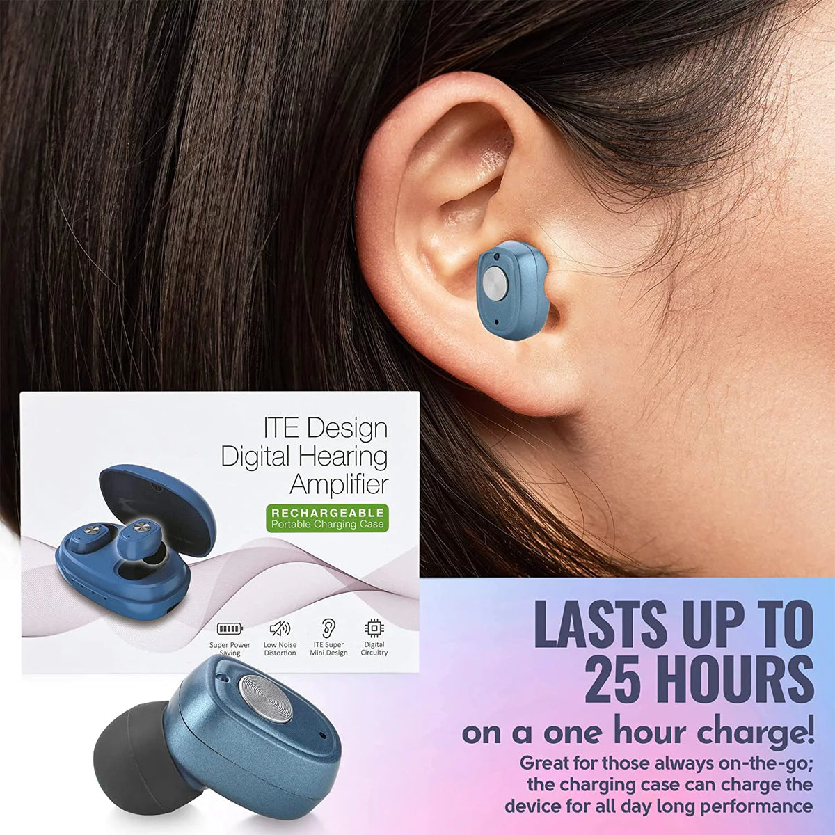 Rechargeable Hearing Amplifier Pair with Noise Cancelling D7077