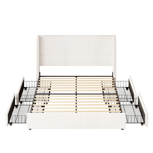 King Size White Corduroy Upholstered Platform Bed Frame with 4 Storage Drawers I23692