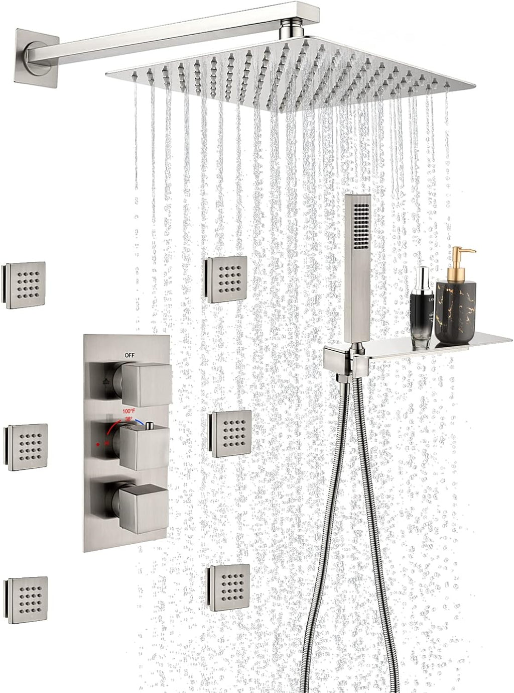 Matte Black Shower System with 6 Body Jets, 12 Inch Wall Mounted Rainfall Shower Head with Handheld Thermostatic Valve Shower Combo Kit N86754