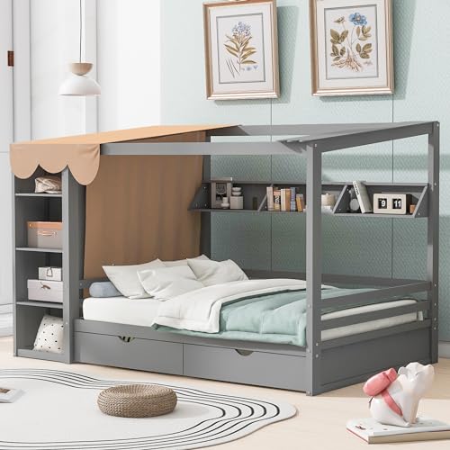 Twin Size Solid Wood House Bed with 2 Drawers and Shelves I157533