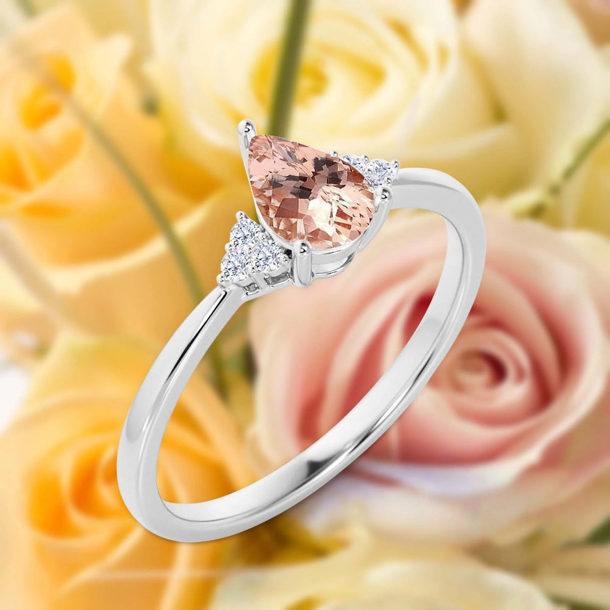 1.25 Carat Pear Cut Morganite And Diamond Moissanite Engagement Ring in 925 Sterling Silver With 18k White Gold Plating A9912