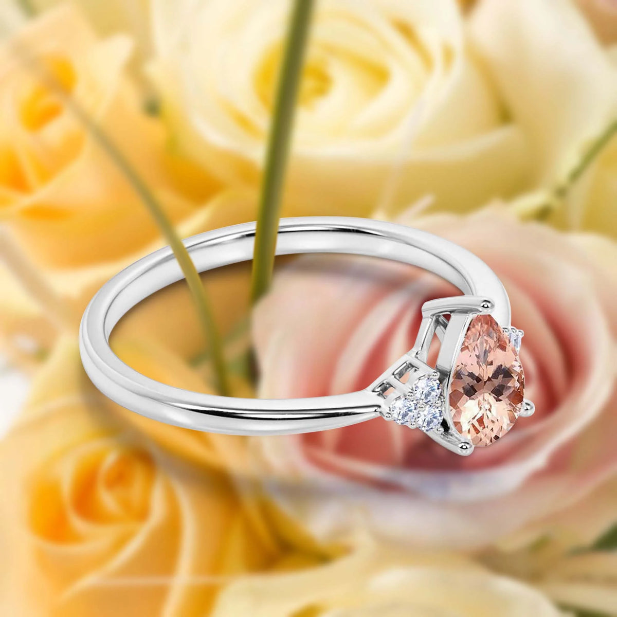 1.25 Carat Pear Cut Morganite And Diamond Moissanite Engagement Ring in 925 Sterling Silver With 18k White Gold Plating A9912