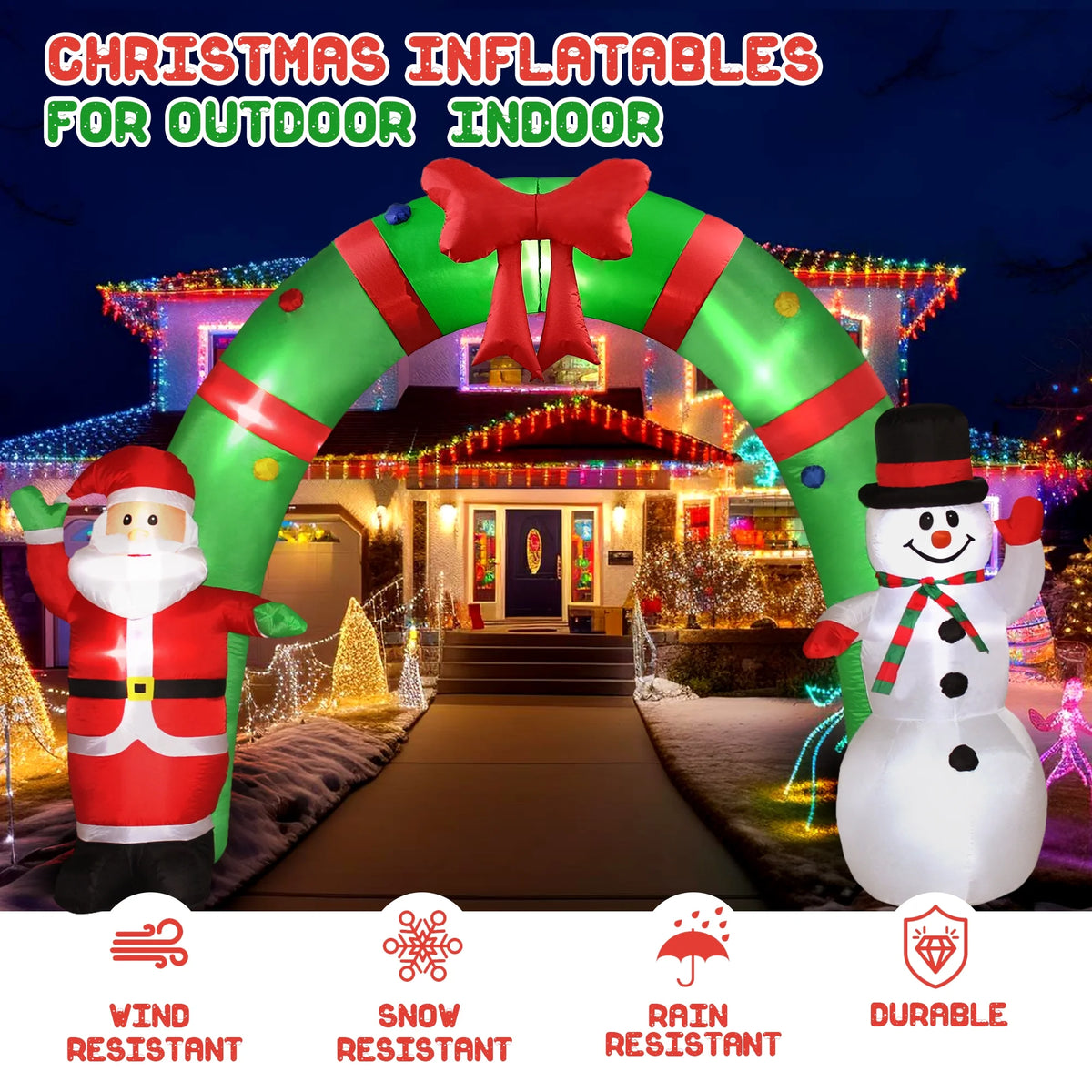 10FT Christmas Inflatable Archway Santa Claus and Snowman with LED Lights U6245