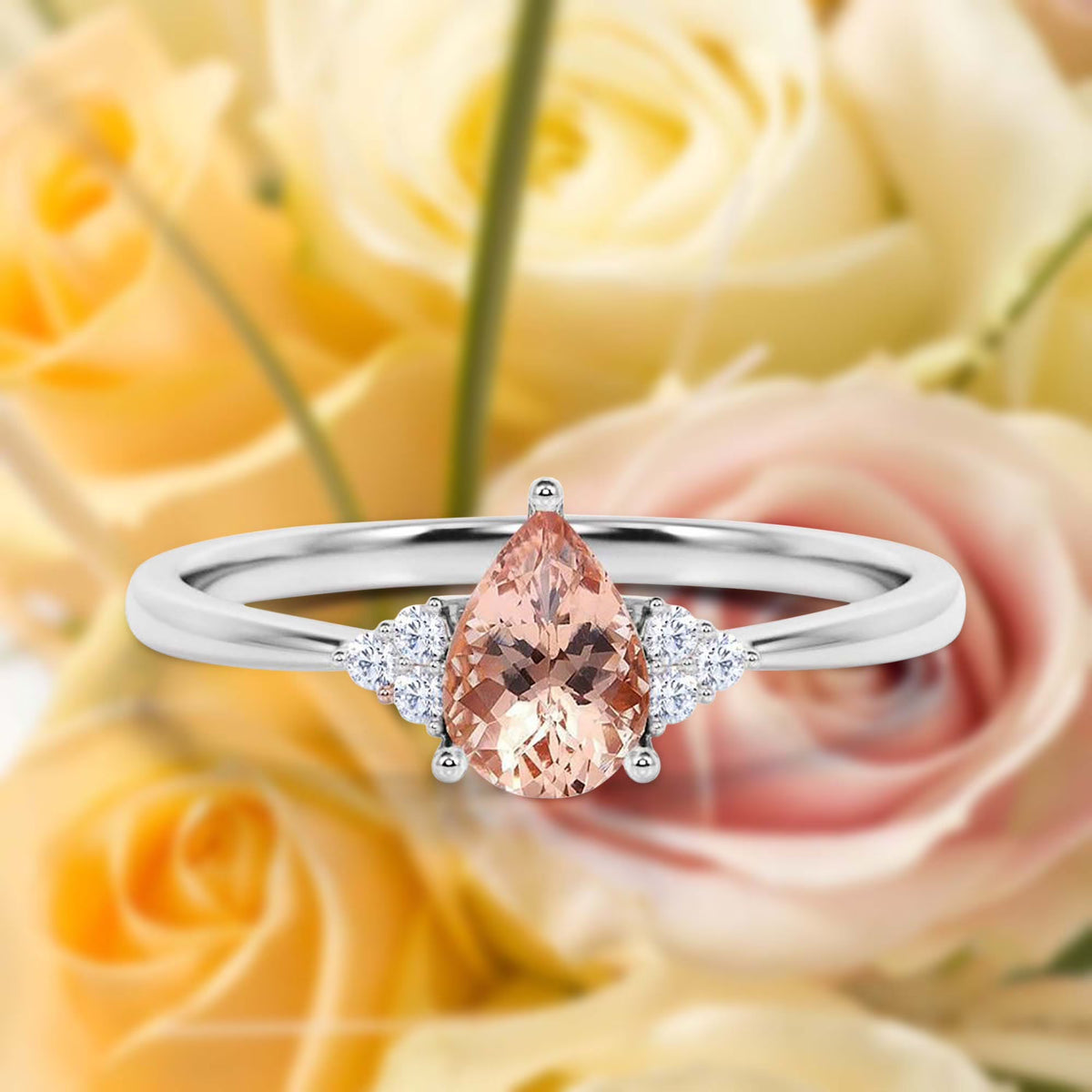 1.25 Carat Pear Cut Morganite And Diamond Moissanite Engagement Ring in 925 Sterling Silver With 18k White Gold Plating A9912