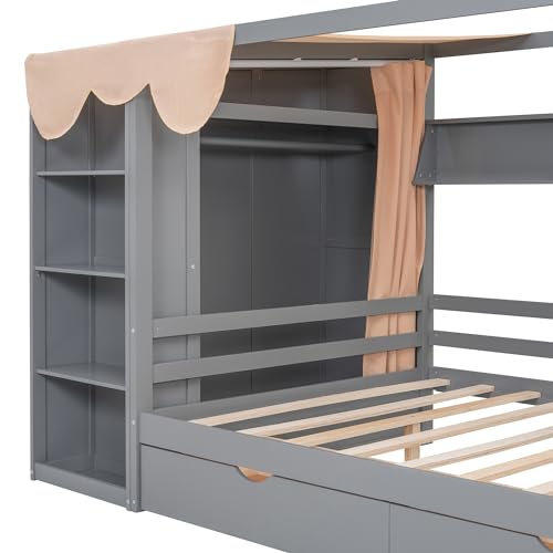 Twin Size Solid Wood House Bed with 2 Drawers and Shelves I157533