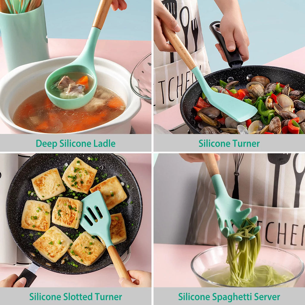 11-Piece Silicone Cooking Utensil Set with Wooden Handles, Green A5851
