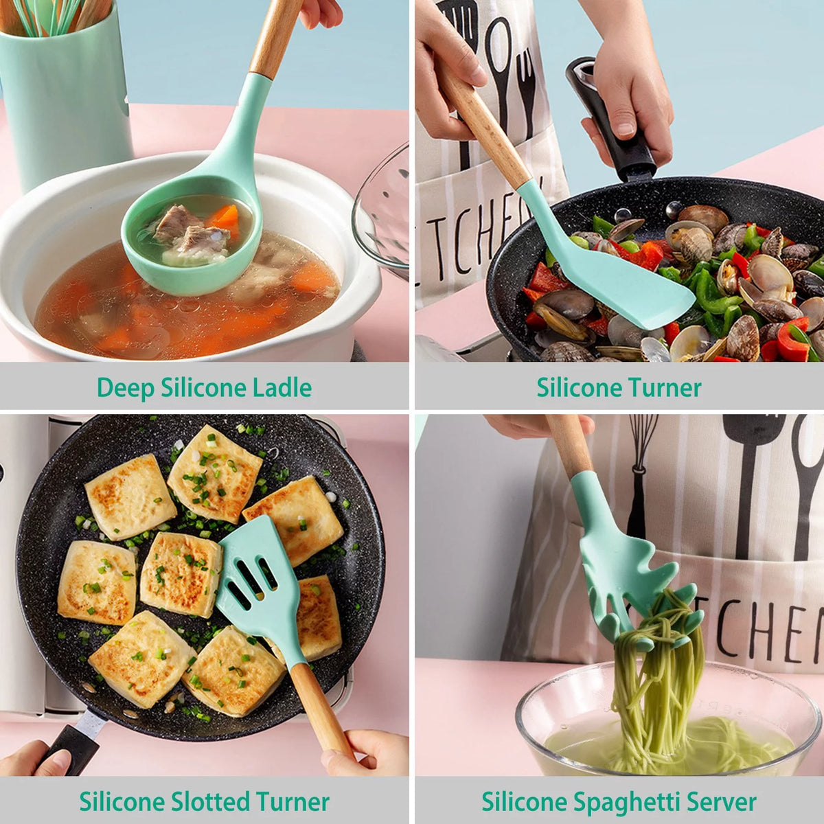11-Piece Silicone Cooking Utensil Set with Wooden Handles, Green A5851