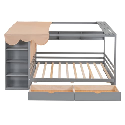 Twin Size Solid Wood House Bed with 2 Drawers and Shelves I157533
