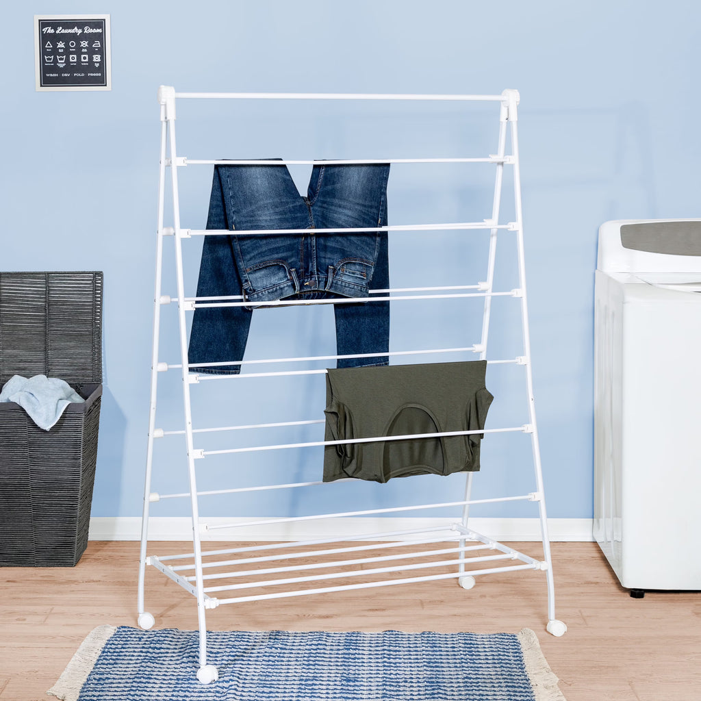 White Collapsible Steel Rolling Clothes Drying Rack E526079