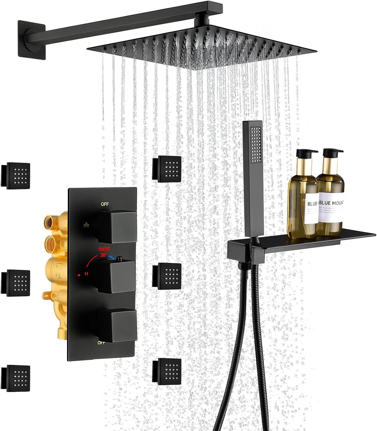 Matte Black Shower System with 6 Body Jets, 12 Inch Wall Mounted Rainfall Shower Head with Handheld Thermostatic Valve Shower Combo Kit N86754