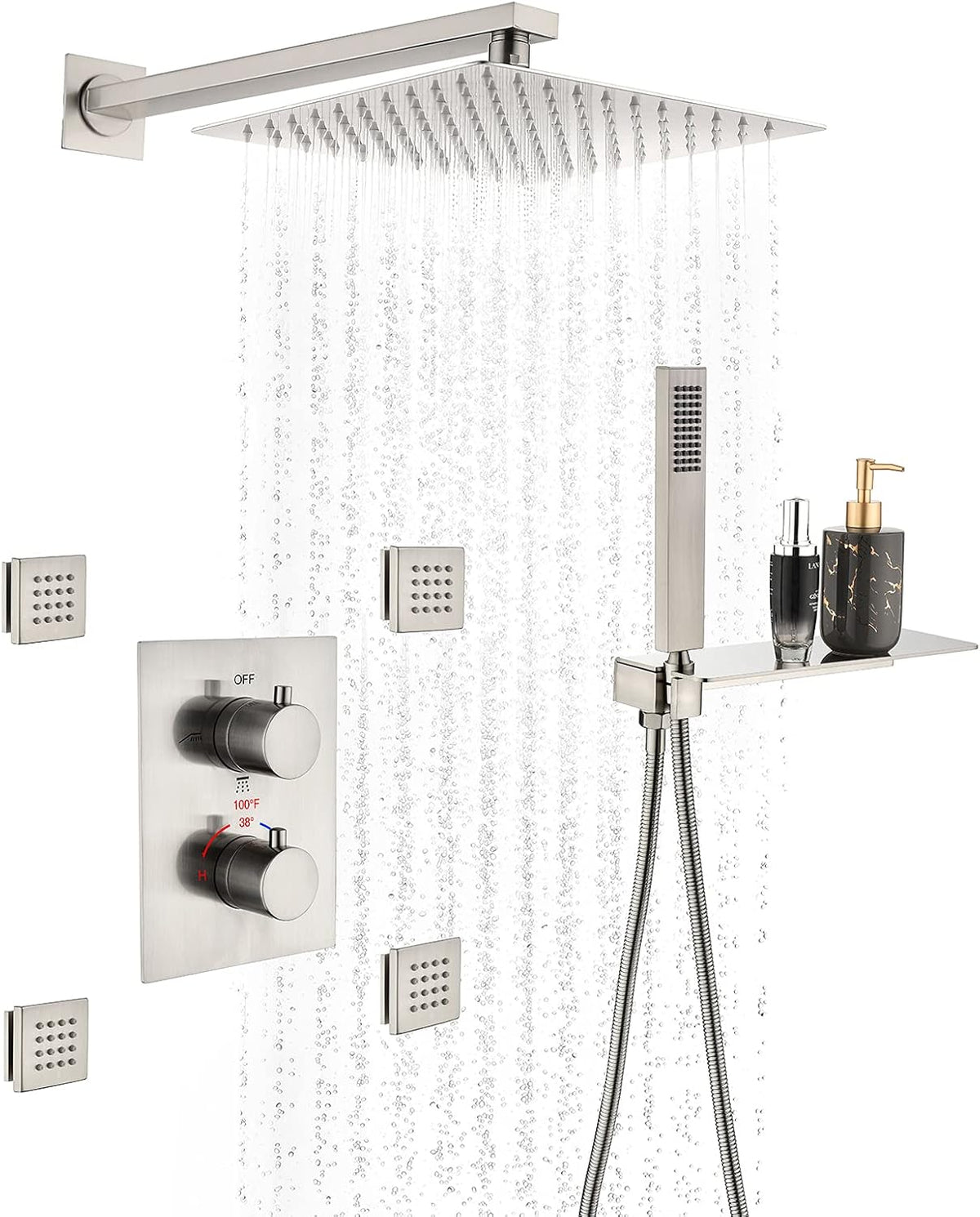 Matte Black Shower System with 6 Body Jets, 12 Inch Wall Mounted Rainfall Shower Head with Handheld Thermostatic Valve Shower Combo Kit N86754