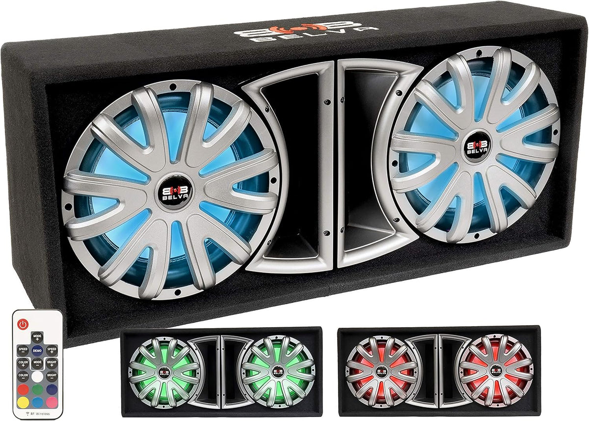 Dual 12-inch 1500W Loaded Ported Car Subwoofer with Multi-Color LED and Remote C4807