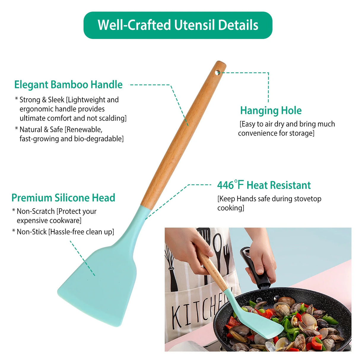 11-Piece Silicone Cooking Utensil Set with Wooden Handles, Green A5851