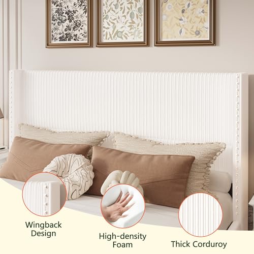 King Size White Corduroy Upholstered Platform Bed Frame with 4 Storage Drawers I23692