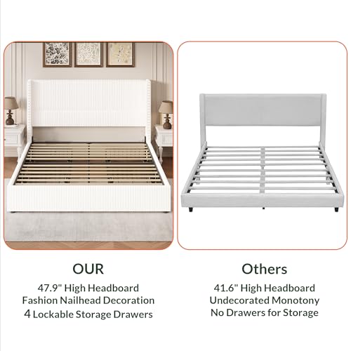 King Size White Corduroy Upholstered Platform Bed Frame with 4 Storage Drawers I23692