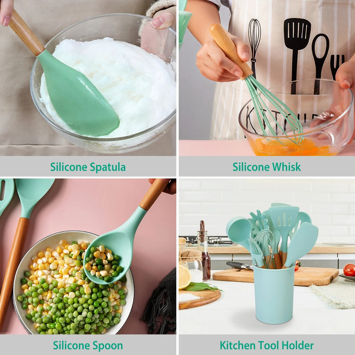 11-Piece Silicone Cooking Utensil Set with Wooden Handles, Green A5851