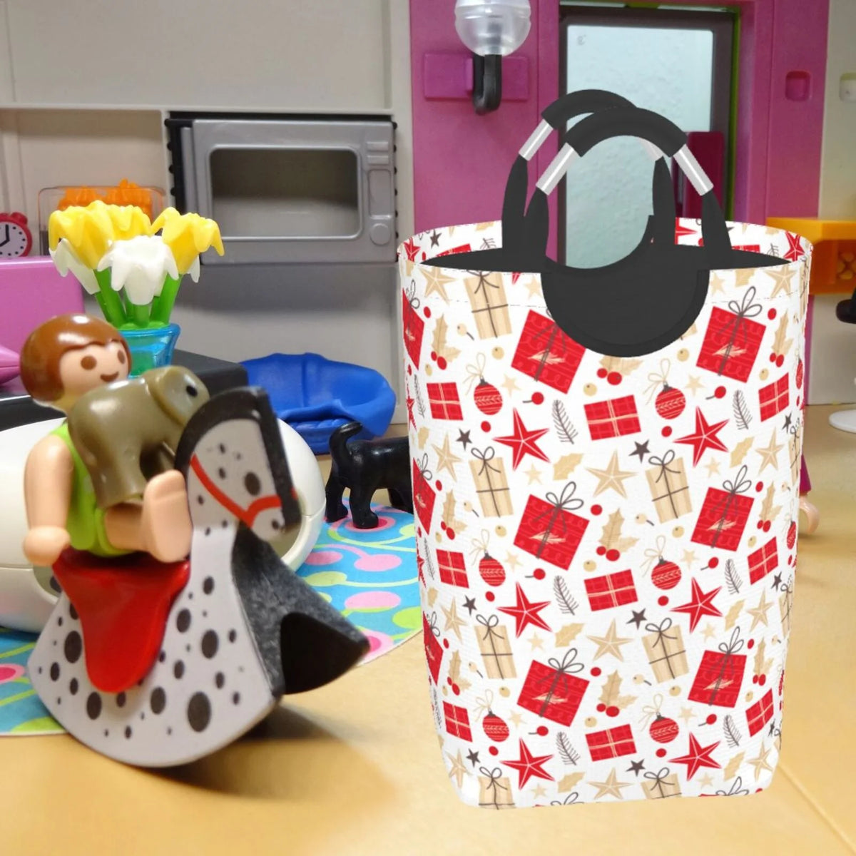 Collapsible Laundry Basket Hamper, Red Christmas Print 50L Q631