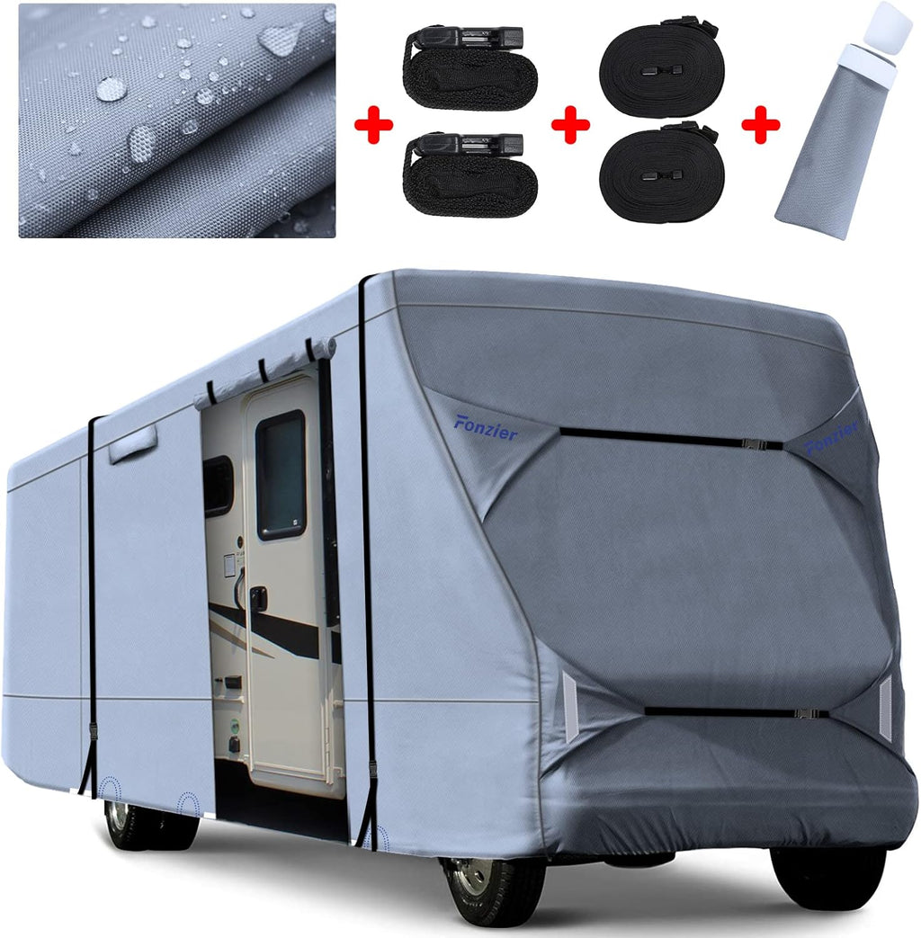 Windproof Waterproof Rip-Stop RV Cover for 23’-26’ Motorhome with 2Pcs Extra Long Straps & Gutter Covers X19081