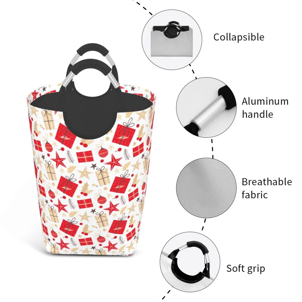 Collapsible Laundry Basket Hamper, Red Christmas Print 50L Q631
