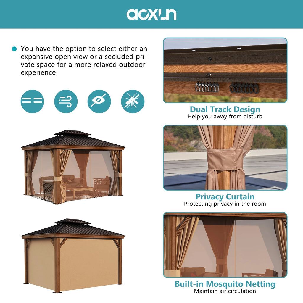 10x12FT Aluminum Frame Hardtop Gazebo with Netting and Curtains Z602943