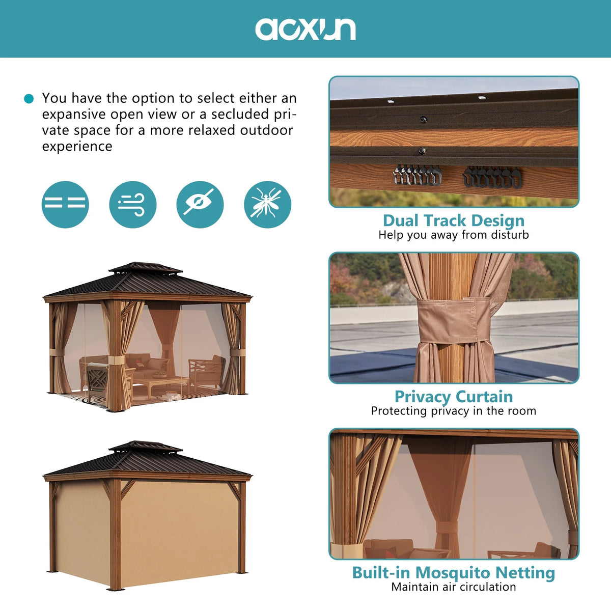 10x12FT Aluminum Frame Hardtop Gazebo with Netting and Curtains Z602943