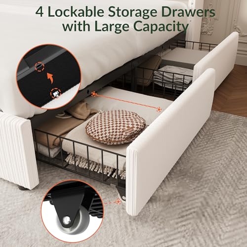King Size White Corduroy Upholstered Platform Bed Frame with 4 Storage Drawers I23692