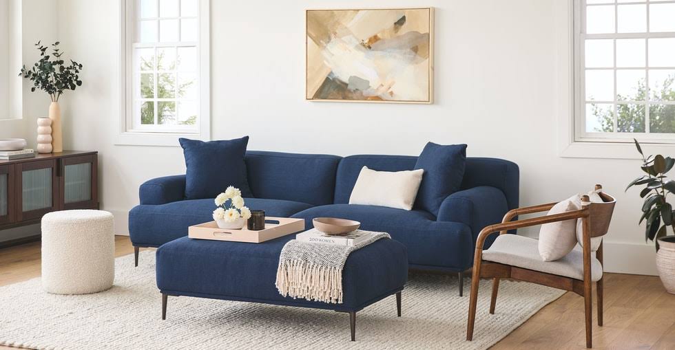 Blue Fabric Ottoman with Black Metal Legs L993
