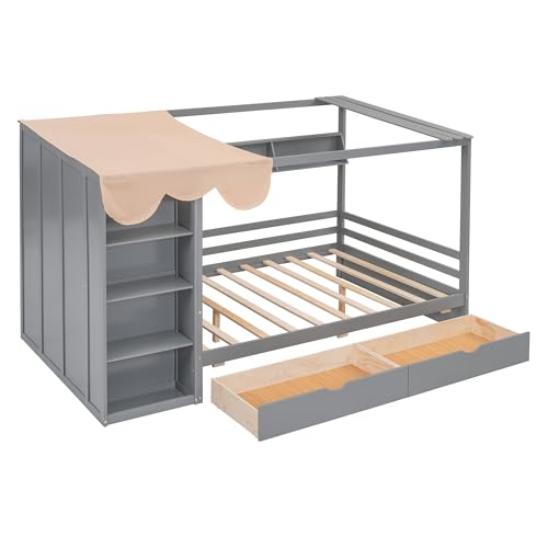 Twin Size Solid Wood House Bed with 2 Drawers and Shelves I157533