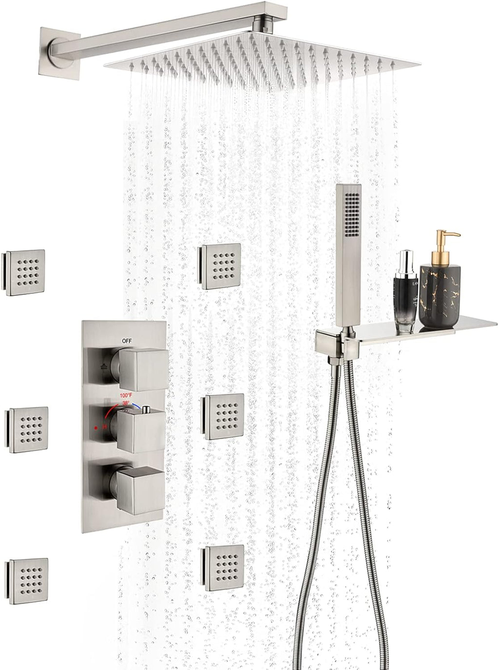 Matte Black Shower System with 6 Body Jets, 12 Inch Wall Mounted Rainfall Shower Head with Handheld Thermostatic Valve Shower Combo Kit N86754