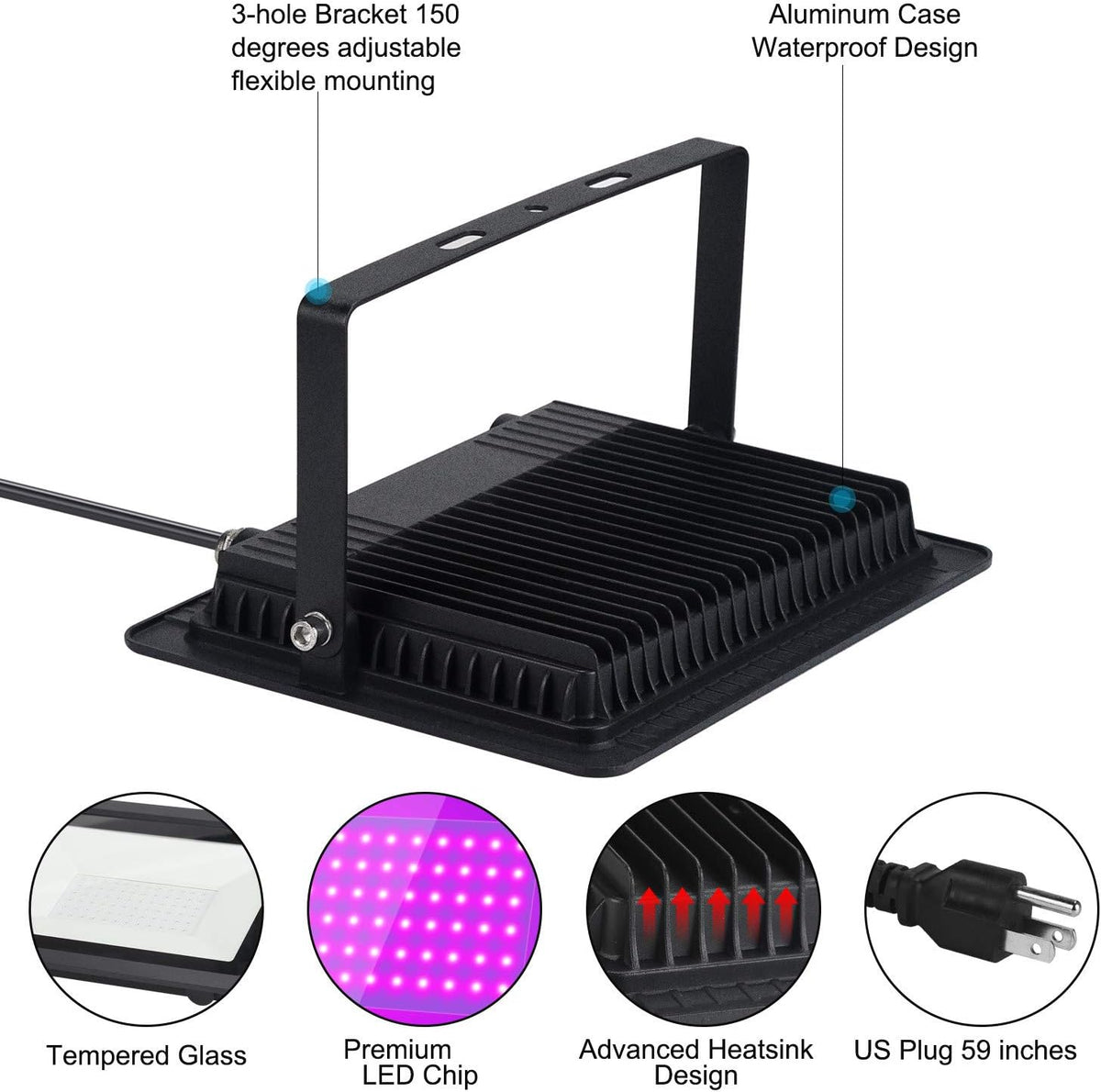 100W LED Black Purple Flood Light with Plug (2 PCS) G87157