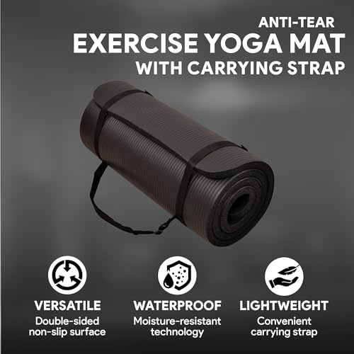 1-Inch Extra Thick High Density Anti-Tear Exercise Yoga Mat with Carrying Strap C4769