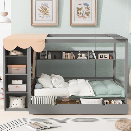 Twin Size Solid Wood House Bed with 2 Drawers and Shelves I157533