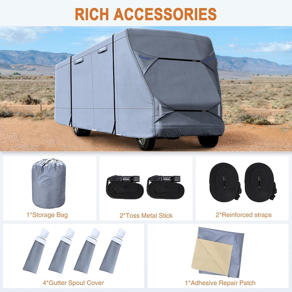 Windproof Waterproof Rip-Stop RV Cover for 23’-26’ Motorhome with 2Pcs Extra Long Straps & Gutter Covers X19081