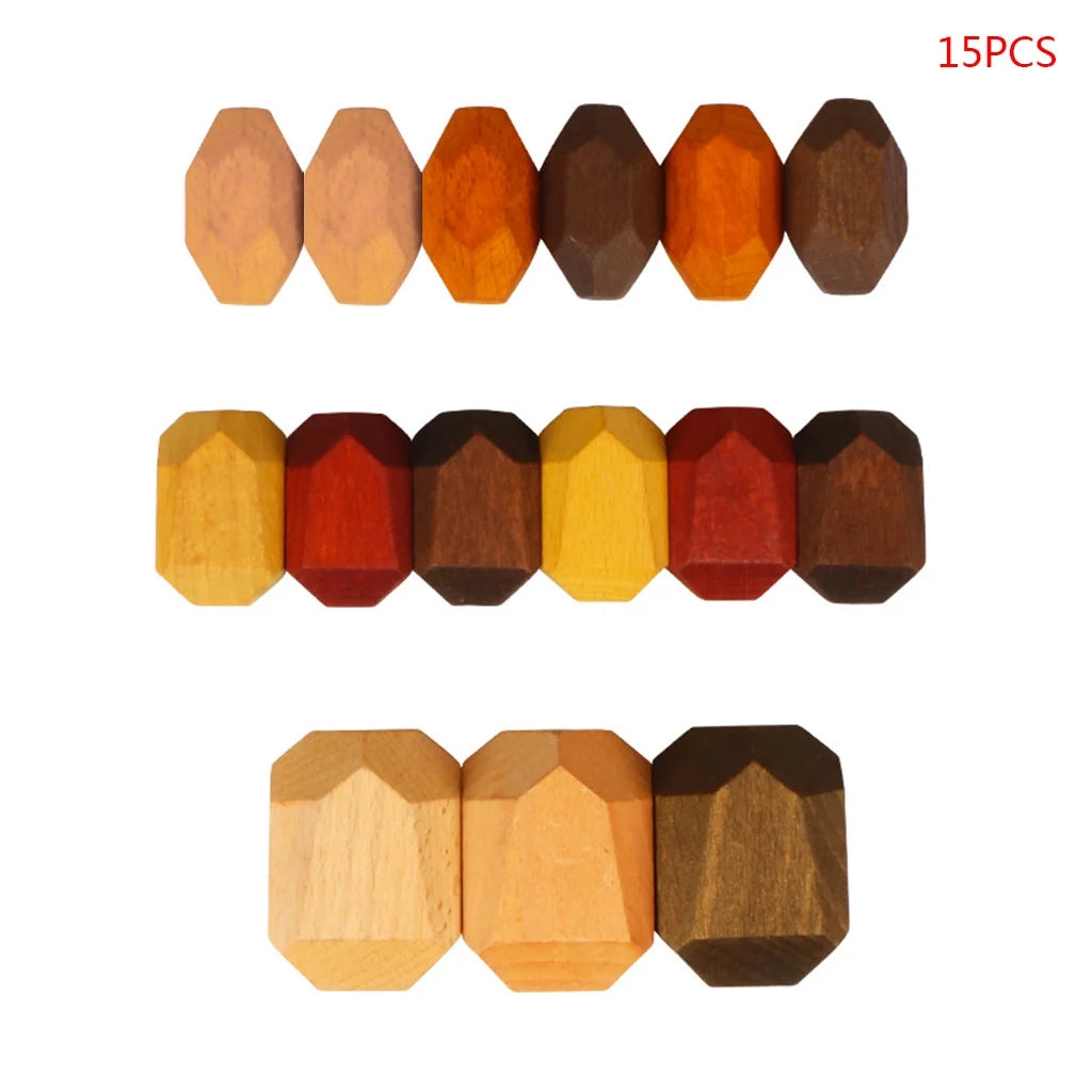 15 Pcs Wooden Colored Stone Stacking Game Building Block G12042