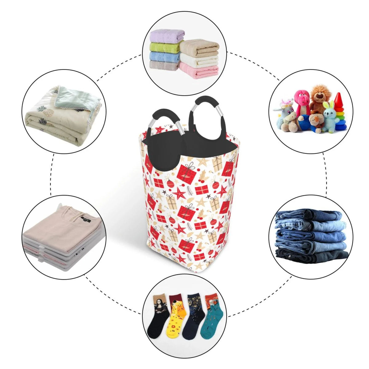 Collapsible Laundry Basket Hamper, Red Christmas Print 50L Q631