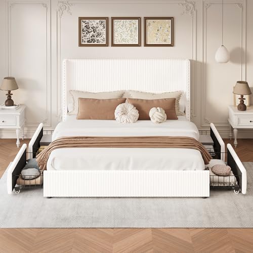 King Size White Corduroy Upholstered Platform Bed Frame with 4 Storage Drawers I23692