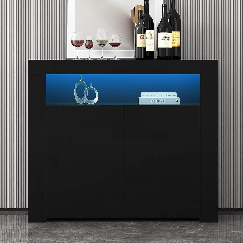 Black High Gloss Sideboard Buffet Storage Cabinet with Led Lights, 2 Doors R227