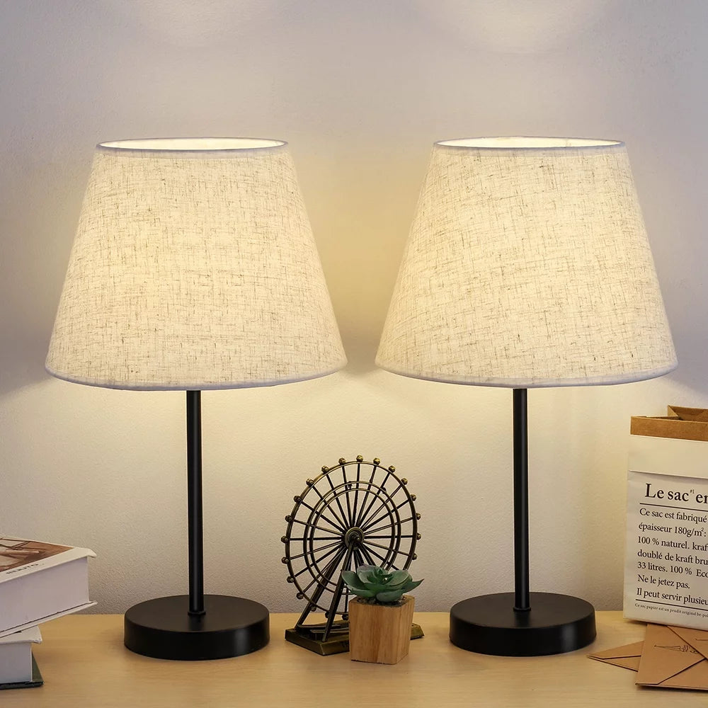 Set of 2 Black Metal Bedside Lamp with White Linen Shade X931416
