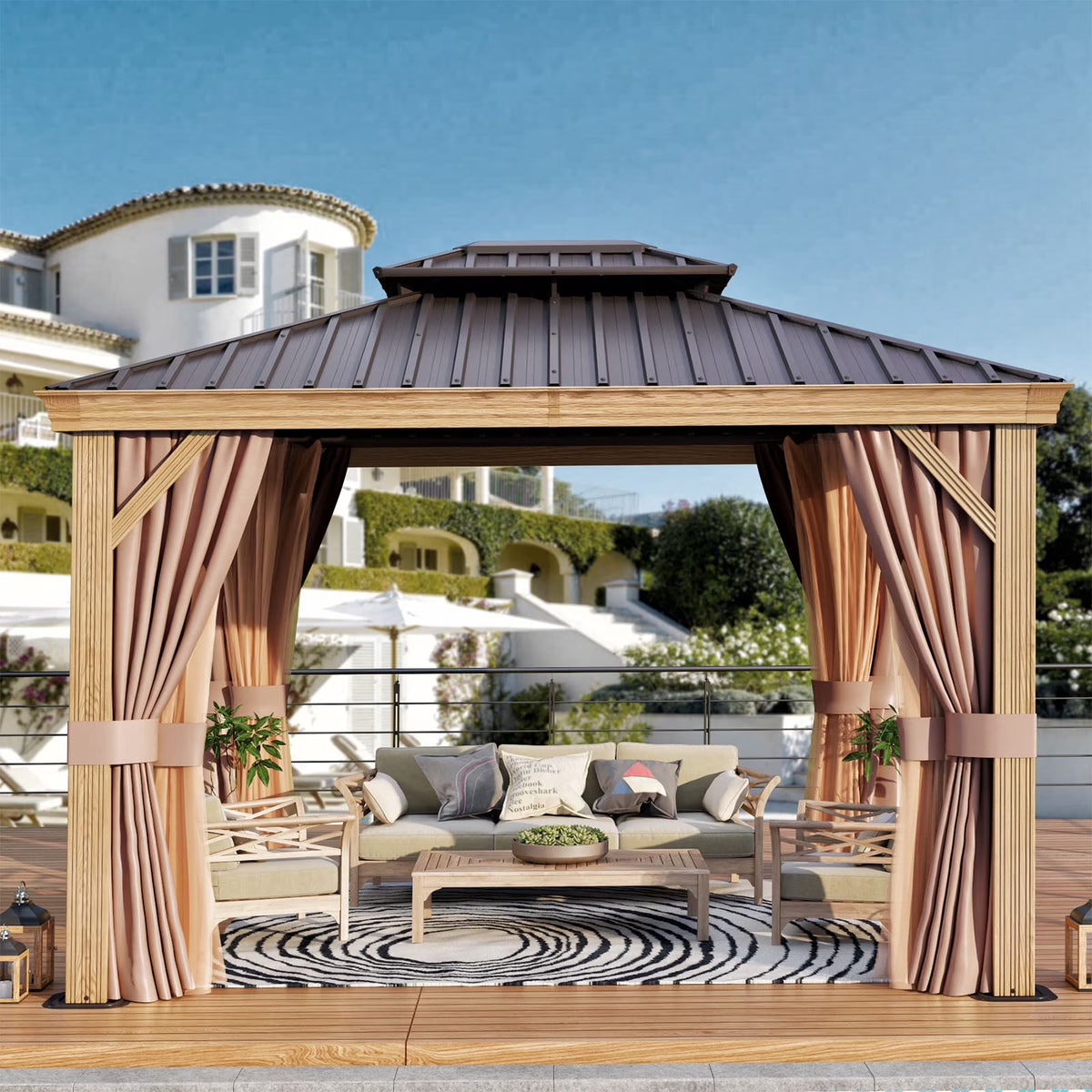 10x12FT Aluminum Frame Hardtop Gazebo with Netting and Curtains Z602943