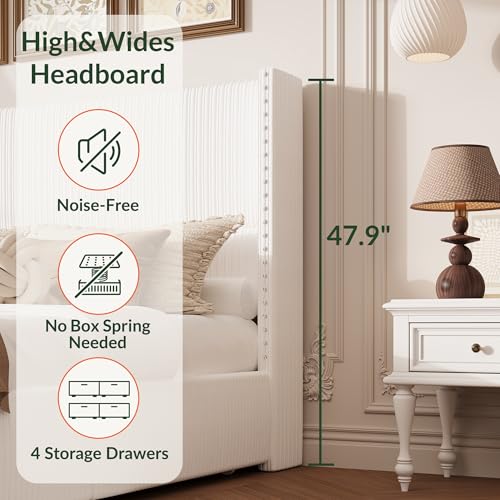 King Size White Corduroy Upholstered Platform Bed Frame with 4 Storage Drawers I23692