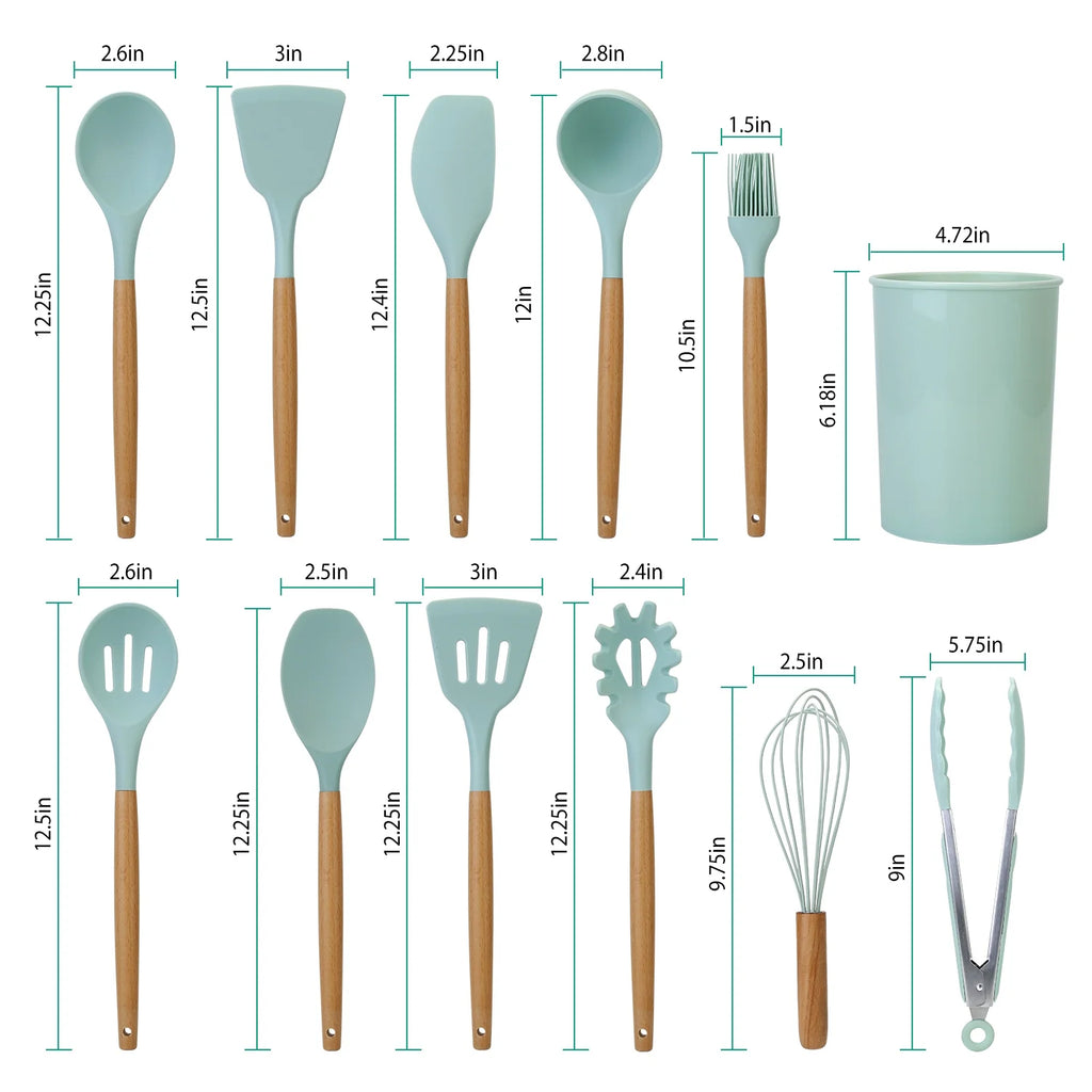 11-Piece Silicone Cooking Utensil Set with Wooden Handles, Green A5851