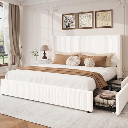 King Size White Corduroy Upholstered Platform Bed Frame with 4 Storage Drawers I23692