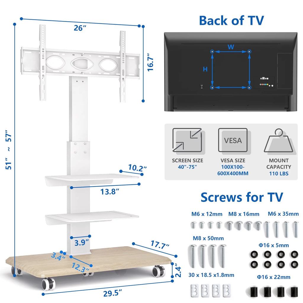 Black Rolling TV Stand with 3 Shelves F465007