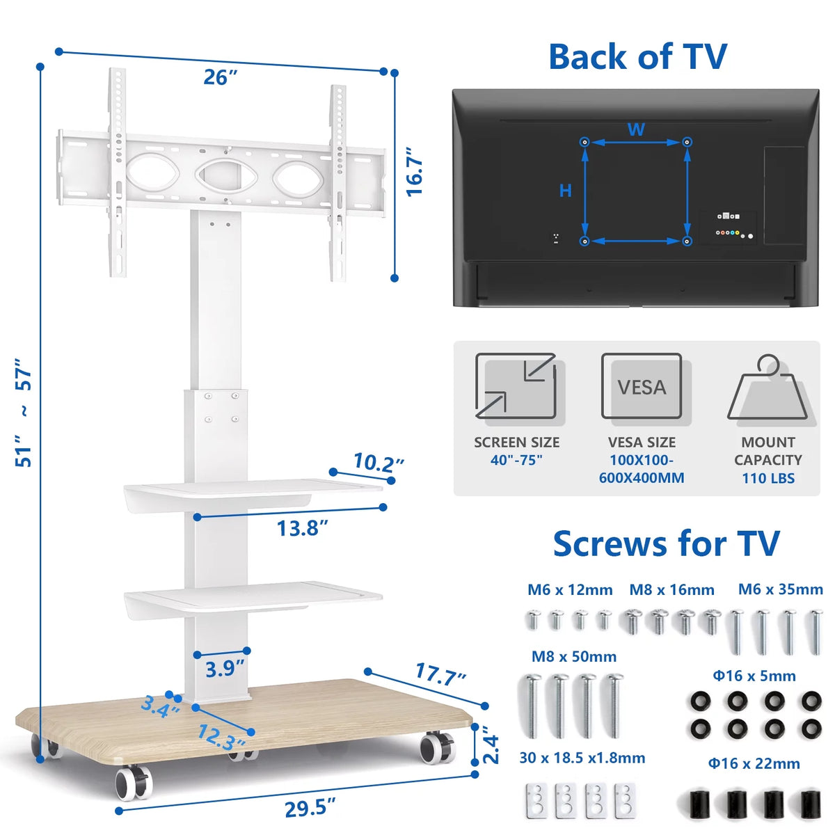 Black Rolling TV Stand with 3 Shelves F465007