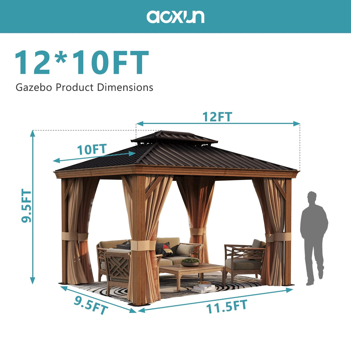 10x12FT Aluminum Frame Hardtop Gazebo with Netting and Curtains Z602943
