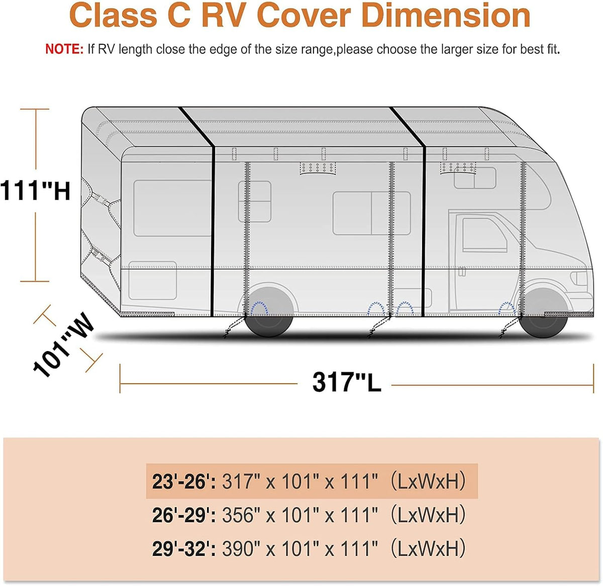 Windproof Waterproof Rip-Stop RV Cover for 23’-26’ Motorhome with 2Pcs Extra Long Straps & Gutter Covers X19081