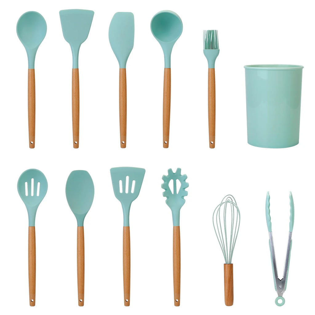 11-Piece Silicone Cooking Utensil Set with Wooden Handles, Green A5851