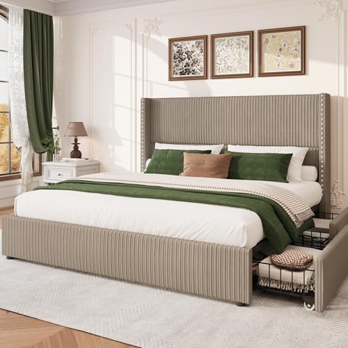 King Size White Corduroy Upholstered Platform Bed Frame with 4 Storage Drawers I23692